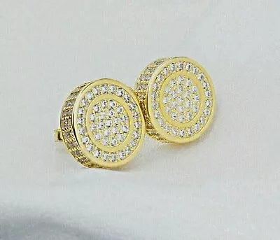 Real Solid 925 Silver Iced CZ Hip Hop Men's Earrings Big Studs 18k Gold Finish • $16.99