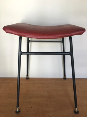 $25 • Buy Mid Century Footstool / Occasional Stool.  Black Metal Rod Base, Leather Seat.
