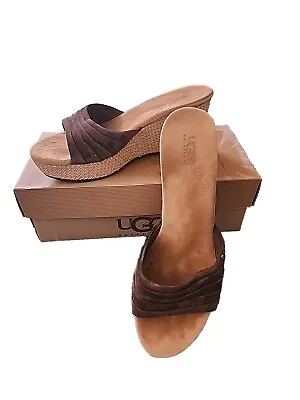 Ugg 3100 Alvina Wedge Sandals Slides Brown  Leather Suede Womens Shoes 11 • $35