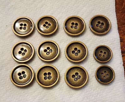 12 Replacement Coat Buttons Brass Tone Metal 4 Holes Sew Through 1 1/8  & 7/8  • $4