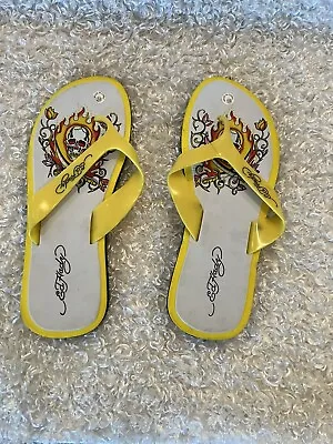 ED HARDY  Flip Flop Sandals With Love And Rose Design Woman Size  10 Yellow • $27.99