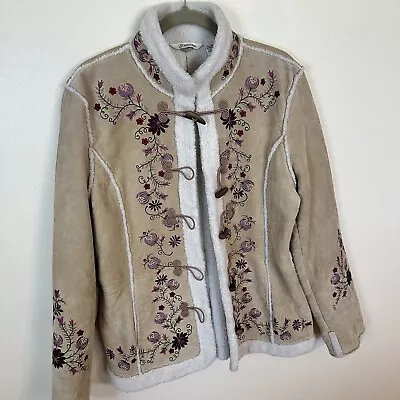 Vintage St Johns Bay Womens Suede Leather Coat Embroidered Sherpa XL Y2K Friends • $59