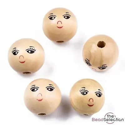 10 LARGE DOLLS HEAD HAPPY FACE 22mm ROUND WOODEN BEADS 4mm HOLE W12 • £3.49