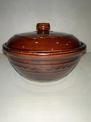 Vintage 1950’s Marcrest Oven Proof Stoneware 8  Bean Pot W Lid Daisy Dot Brown • $19