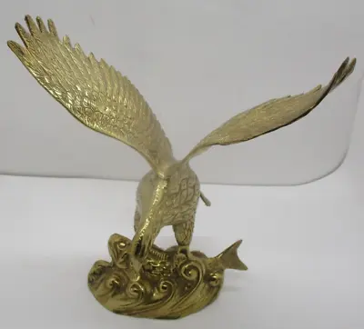 Vintage Brass Eagle In Flight Sculpture Catching A Fish 10.5  Tall • $34.99