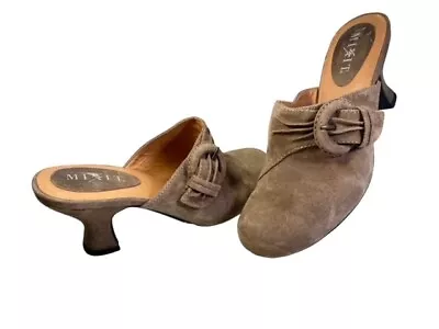 Mix It Suede Tan Leather Upper Mules Slip On Heels Shoes Buckle Trim  7 M • $16.99