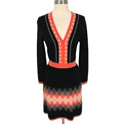 Milly Wool V-Neck A-Line Geo Print Sweater Dress Black Orange Gray Size Medium • $50