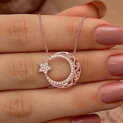 Women Fashion Moon 14k Rose Gold Plated Necklace Pendant Cubic Zircon Jewelry • $2.21