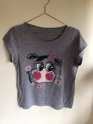 😺Size12-14 Grey Cap Sleeve T Shirt/Top Daisy Cow & Gorgeous Wording (2Holes) • £3.50