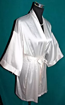 VICTORIAS SECRET White Satin Short Robe + TIE BRIDE On Back XS S  Pockets NWOT • $22.95