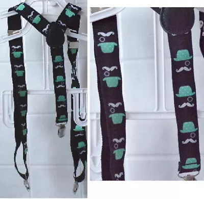 Derby Hat Monocle And Mustache Adjustable Suspenders Black White Green • $6.29