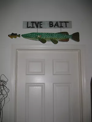 Folky Bait Shop Wall Decor Pike / Musky Hanging Sign 33 ?  Hand Carved. • $65