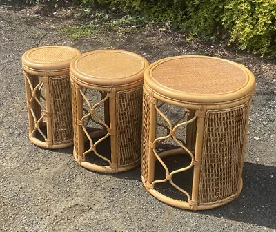 Vintage Trio Of Bamboo / Cane Wicker Nest Of Tables / Side Occasional Tables • £135