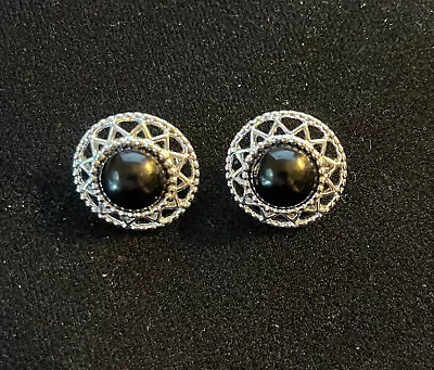 Sarah Coventry Silver Tone Black Glass Cabochon Clip On Earrings • $9