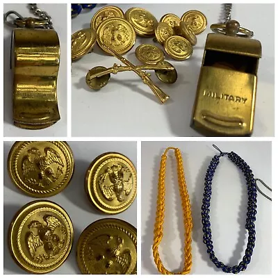 Vintage Brass Military Whistle Waterbury Eagle Buttons Shoulder Cords SCMA Pins • $25.50