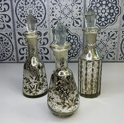 Set Of 3 Silver Mercury Glass Vtg Etched Art Deco Bottles Cut Glass Apothecary • $28.99