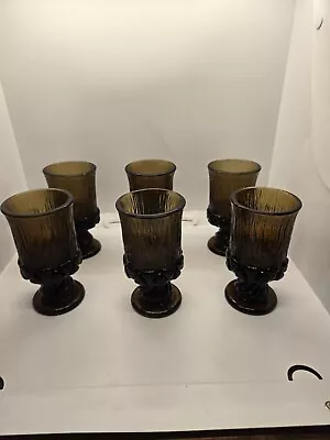 Vintage Fostoria Sorrento Brown 6 Small Wine Water Goblets Wood Bark Pattern. • $29.99