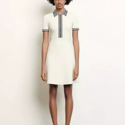 Womens Sandro V-neck Zip-Up White Striped Stretch Knitted A-Line Dress • £115.87