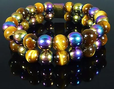 MAGNETIC RAINBOW HEMATITE TIGERS EYE BRACELET 8mm - ARTHRITIS PAIN • £5.80