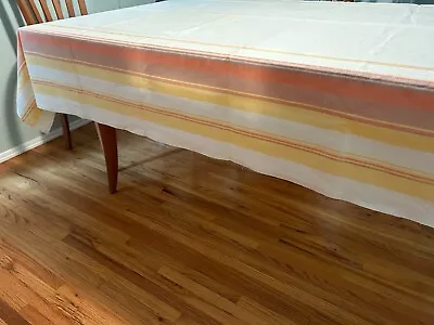 Vintage MCM 70s Coral Yellow Brown Stripe Cotton Or Linen Tablecloth UNUSED • $24.95