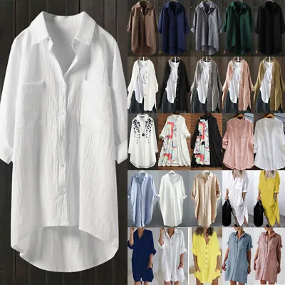 £10.19 • Buy Plus Size Womens Cotton Linen Maxi Shirt Dress Blouse Beach Cover Up Tunic Tops