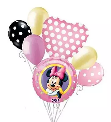 7 Pc Minnie Mouse Pink Portrait Balloon Bouquet Happy Birthday Disney Baby Girl • £12.64