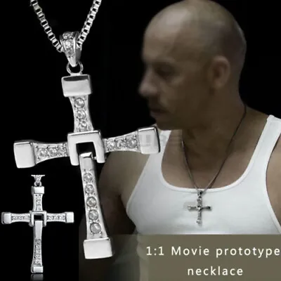 Men Silver Cross Chain Necklace Fast Furious Dominic Toretto Pendant Jewelry DIY • £2.99