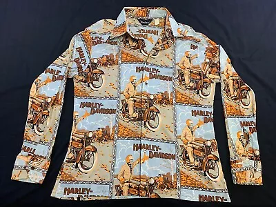 VTG Manfredo 1970s Disco Era Knit Mens Shirt Harley Davidson Motorcycle Print • $49.99