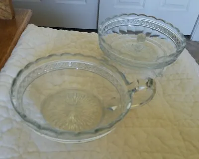 Set Of 2 Clear Glass Bowls 3 Footed And Lemon Server Diamond Scalloped Blue Tint • $12.25