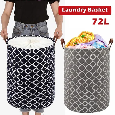 72L Freestanding Laundry Hamper With Lid Collapsible Cotton Linen Storage Basket • £7.95