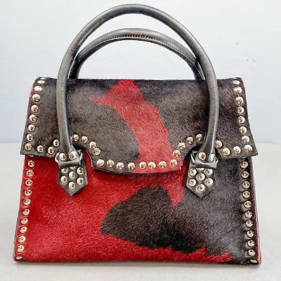 Western Purse Womens Leather Cowhide Satchel Handbag Red Black Snap Rockabilly • $76.25