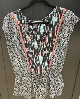 Maurices  Sleeveless Top Blouse Black White Coral Aqua W/ Elastic Tie  Waist ~ L • $9.99