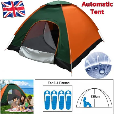 Pop Up Tent 3-4 Man Easy Quick Pitch Two Person Festival Camping Automatic Tent • £23.92