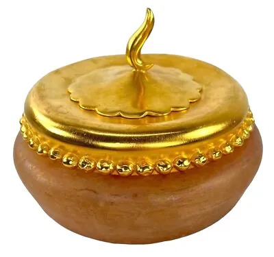 Murano Italian Peach Frosted Art Glass And Gold Metal Lidded Vanity Box *READ* • $199.97