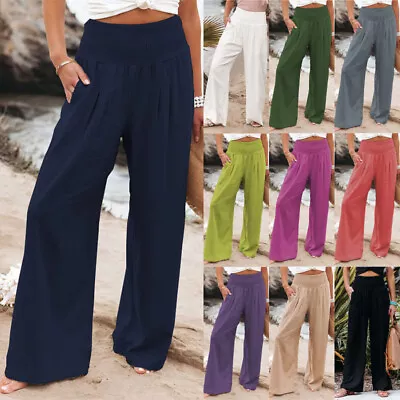 Women Cotton Linen Wide Leg Pants Ladies Casual Baggy High Waist Palazzo Trouser • £12.99