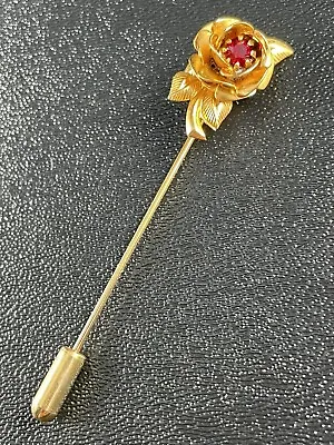 Vintage Layered Flower Stick Pin Red Crystal Rhinestone Gold Tone Metal • $4.99