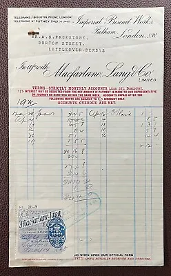 1908 Macfarlane Lang & Co. Imperial Biscuit Works Fulham London Invoice • $6.21