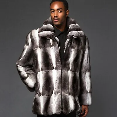 Men Real Rex Rabbit Fur Coat Natural Chinchilla Zip Jacket Winter Thick Overcoat • $525.26