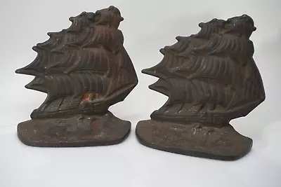 Vintage Old Ironsides 1929 Tall Sailing Ship Cast Iron Bookends • $51.45