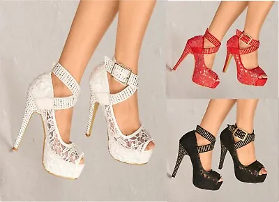 £26.99 • Buy Womens Lace Stud Diamante Platform High Heels Ankle Strap Peep Toe Pumps Shoes 