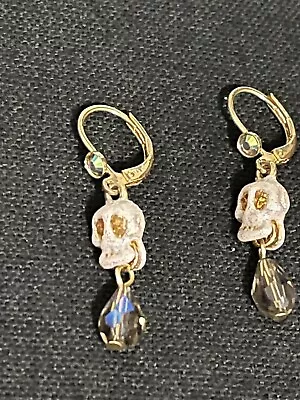 Rare Vintage 'KIRKS FOLLY' WHITE SPARKLE Skull AB Rhinestone DANGLE Earrings • $9