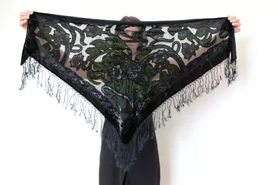 Black Velvet Shawl With Flowers Vintage Triangle Fringed Scarf Burnout Velvet • $35