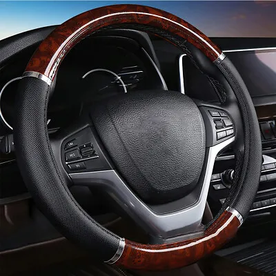 15  Wood Grain Car Steering Wheel Cover Good Grip Syn Leather Black Accessories • £17.50