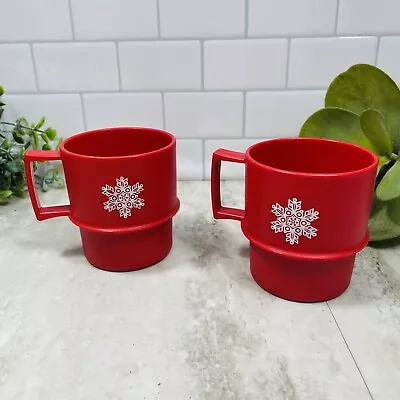 Vintage Tupperware Stackable Christmas Coffee Cups Mugs Red Snowflake Set Of 2 • $13.79