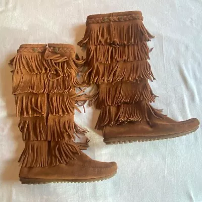 Minnetonka Moccasin Boots  Women Size 8  Brown Suede Leather 5 Tier Fringe  1652 • $34