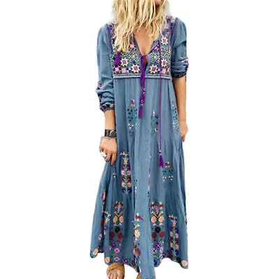 UK Women Boho Gypsy Hippie Long Maxi Dress Party Beach Baggy Loose Dress Holiday • £17.29