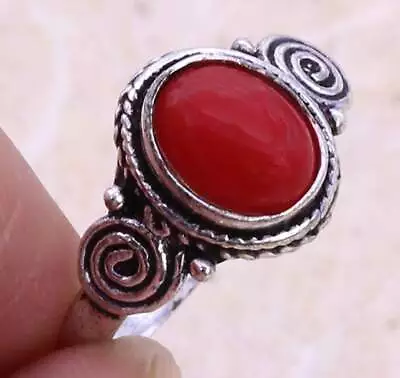 Red Coral Art Piece 925 Silver Plated Ring Of US Size 6 Ethnic • $1.99