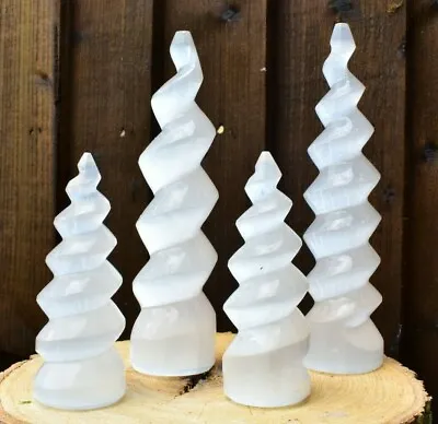 £13.99 • Buy Selenite 10-15cm Spiral Horn-Heart Unicorn Crystal Stand Mountain Flame ✔UKBUY✔