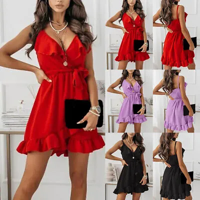 £11.69 • Buy Women Sexy Ruffle V-Neck Strappy Mini Dress Ladies Holiday Party A-Line Sundress