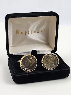 Vintage Raffinati Mercury Dime Cufflinks W/ Original Box Gold Tone & Toning Coin • $35.25